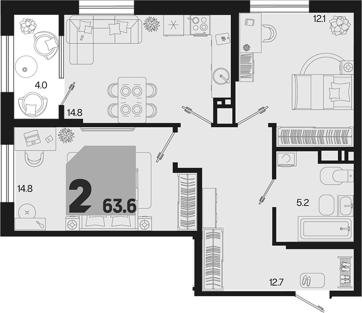 2-комн., 59.6 м², 16/18 этаж, ЖК «Первое место»