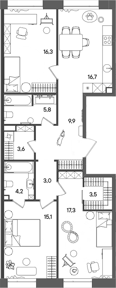 4+ комнаты, 95.4 м², 3/14 этаж, ЖК «СТОУН Райз»