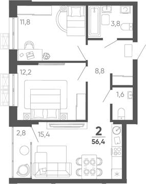 2-комн. квартира, 53.6 м² в ЖК Барса — фото 2