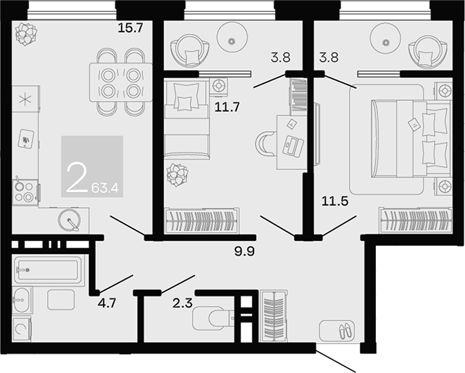 2-комн. квартира, 55.8 м² в ЖК Хозяин Морей — фото 2