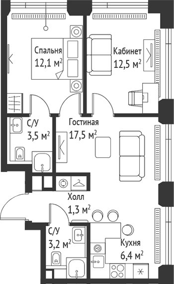 3-комн., 56.5 м², 21/52 этаж, ЖК «СЕТ»