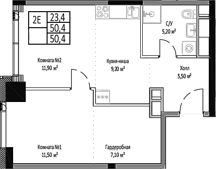 2-комн., 50.4 м², 21/35 этаж, ЖК «Мираполис»
