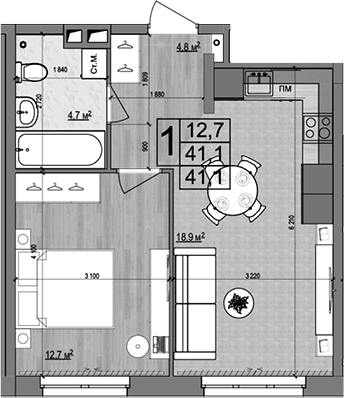 2-комн., 41.1 м², 2/18 этаж, ЖК «Гранд Комфорт»