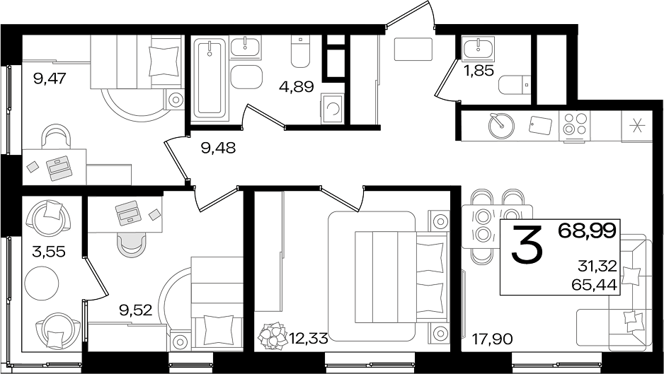 4-комн. квартира, 65.44 м² в ЖК Патрики — фото 2