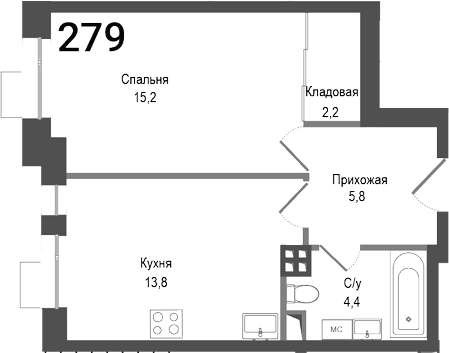 1-комн., 41.4 м², 3/4 этаж, ЖК «Киноквартал»