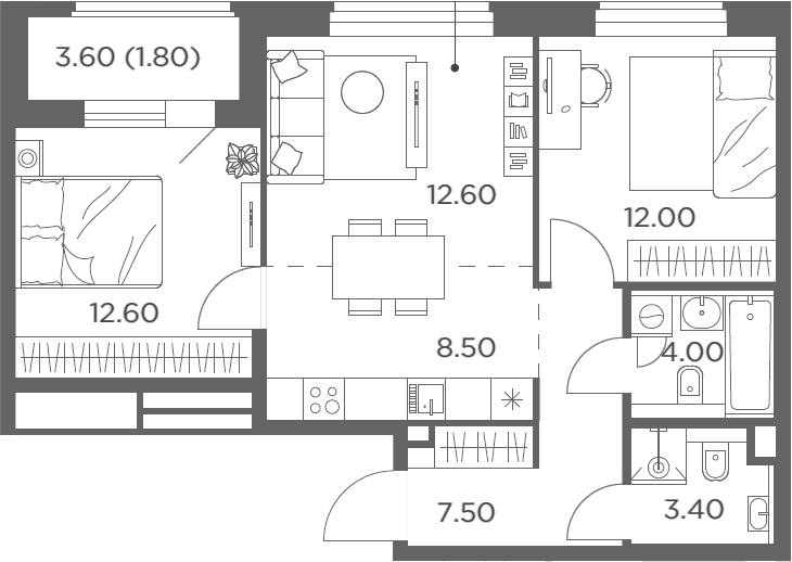 3-комн., 60.6 м², 4/12 этаж, ЖК «Белый Град»