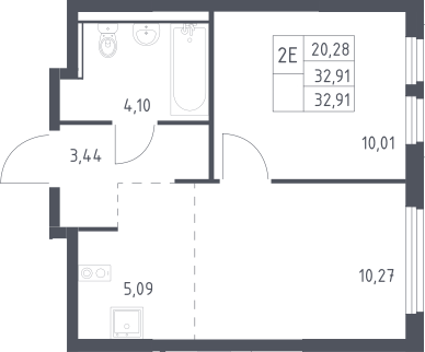 2-комн., 32.91 м², 8/17 этаж, ЖК «Пригород Лесное»