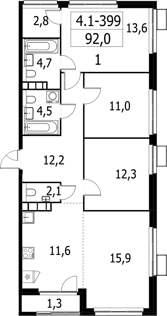 4+ комнаты, 90.7 м², 28/30 этаж, ЖК «Южные сады»