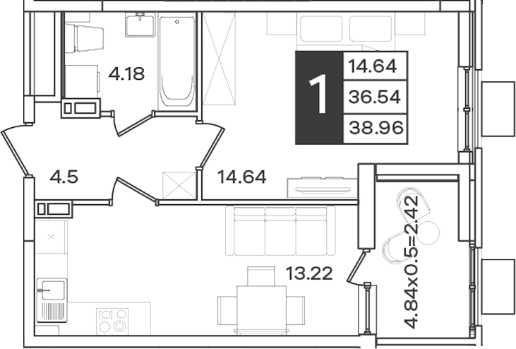 1-комн., 36.54 м², 3/18 этаж, ЖК «Сюжеты»