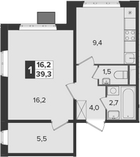 1-комн., 39.3 м², 20/21 этаж, ЖК «Южная Битца»
