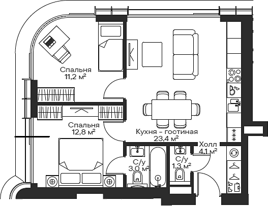3-комн., 54.51 м², 48/54 этаж, ЖК «Сити Бэй»