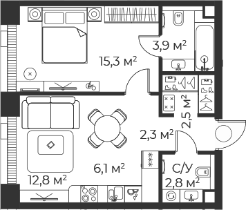 2-комн., 45.8 м², 52/71 этаж, ЖК «Веер»