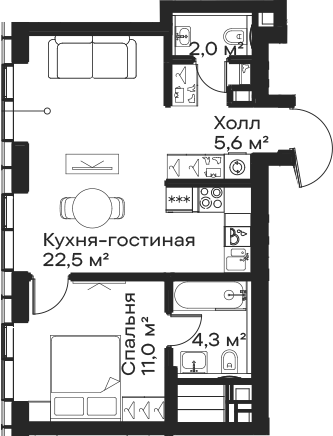 2-комн., 45.4 м², 37/59 этаж, ЖК «Сити Бэй»