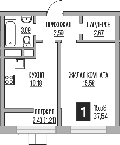 1-комн., 35.11 м², 14/16 этаж, ЖК «Гранель Пехра»
