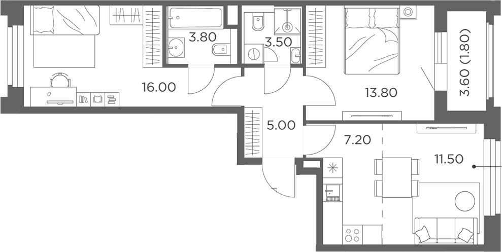 3-комн., 60.8 м², 12/17 этаж, ЖК «Белый Град»