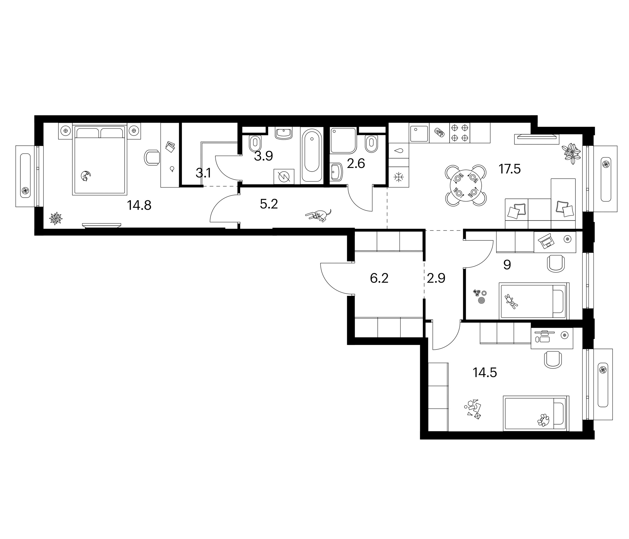 3-комн., 79.7 м², 12/13 этаж, ЖК «Зеленый парк»