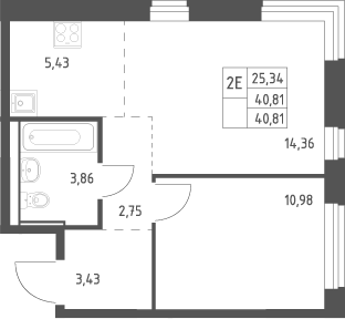 2-комн., 40.81 м², 16/17 этаж, ЖК «Квартал Ивакино»