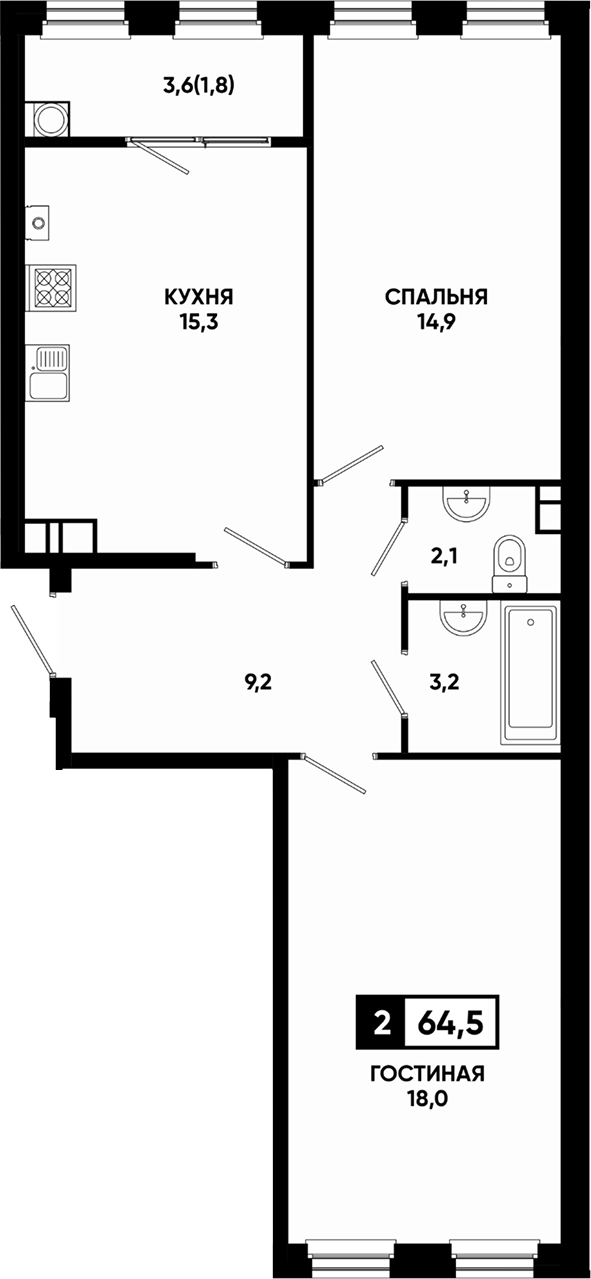 2-комн., 62.7 м², 6/9 этаж, ЖК «Резиденция Софи»