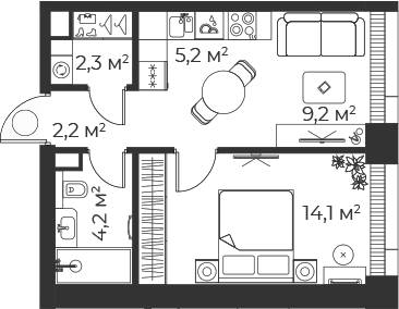 2-комн., 37.2 м², 2/35 этаж, ЖК «Веер»