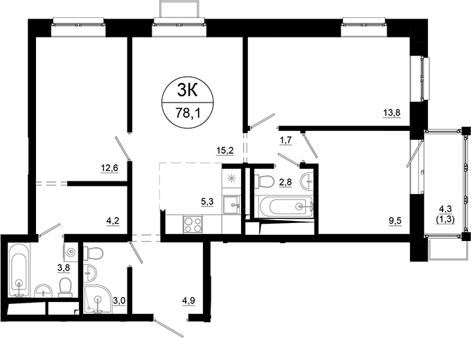 4+ комнаты, 76.8 м², 21/24 этаж, ЖК «Союзный»