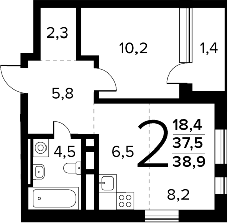 2-комн., 37.5 м², 11/12 этаж, ЖК «Новые Ватутинки Квартал у реки»