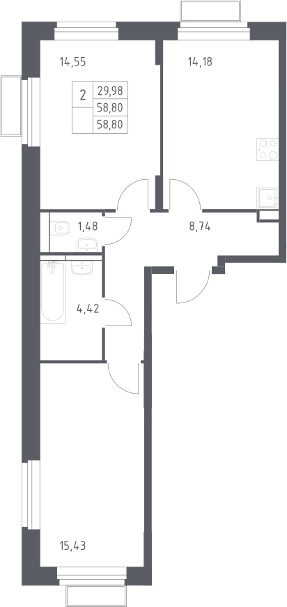 2-комн., 58.8 м², 22/24 этаж, ЖК «Квартал Строгино»