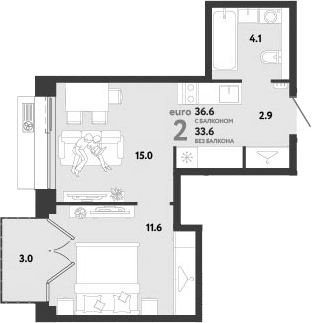 2-комн., 33.6 м², 9/12 этаж, ЖК «Страна.Заречная»