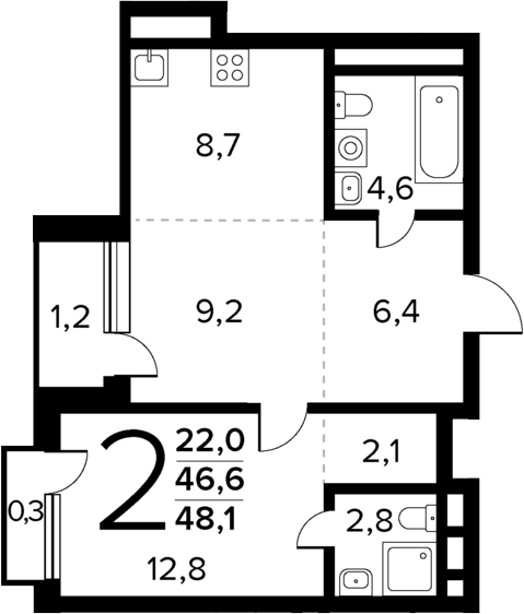 2-комн., 46.6 м², 7/12 этаж, ЖК «Новые Ватутинки Квартал у реки»