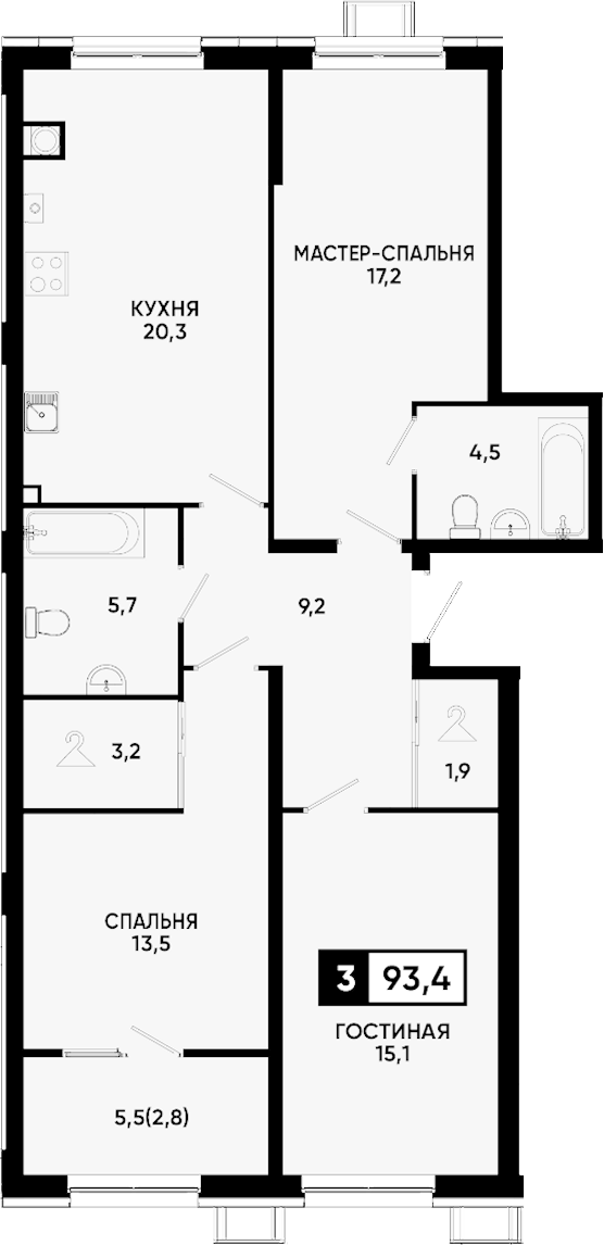 3-комн., 90.6 м², 1/9 этаж, ЖК «Квартал на курорте Моя Легенда»