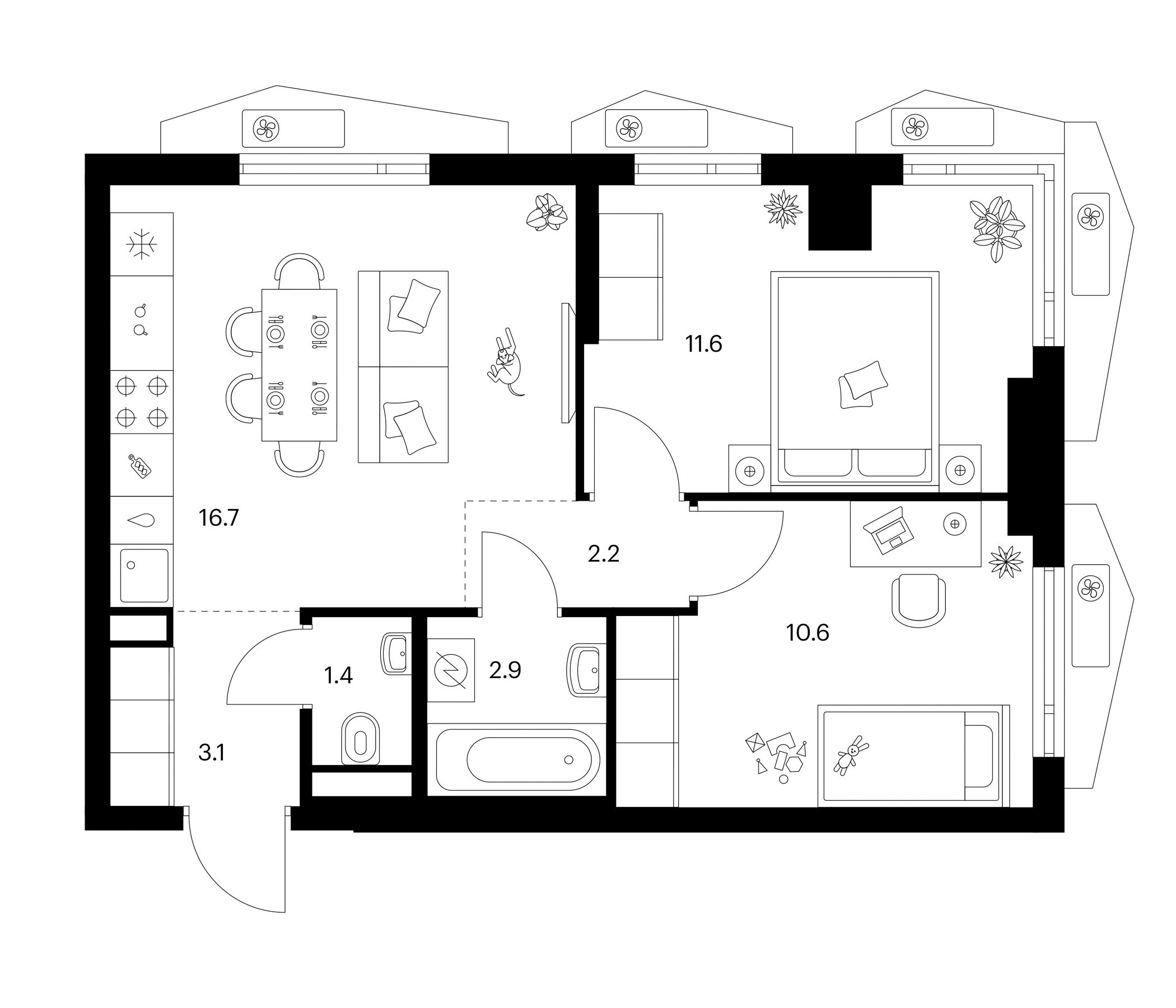 2-комн., 48.5 м², 20/23 этаж, ЖК «Мичуринский парк»