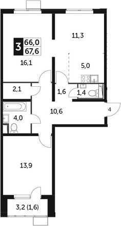 3-комн., 66 м², 9/23 этаж, ЖК «Южная Битца»