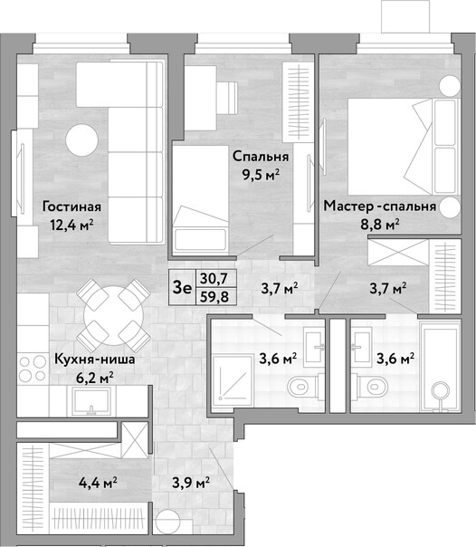 3-комн., 59.8 м², 15/17 этаж, ЖК «Новые Смыслы»