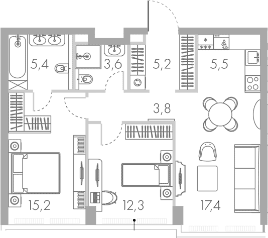 3-комн., 65.6 м², 21/45 этаж, ЖК «Ривер Парк Кутузовский»