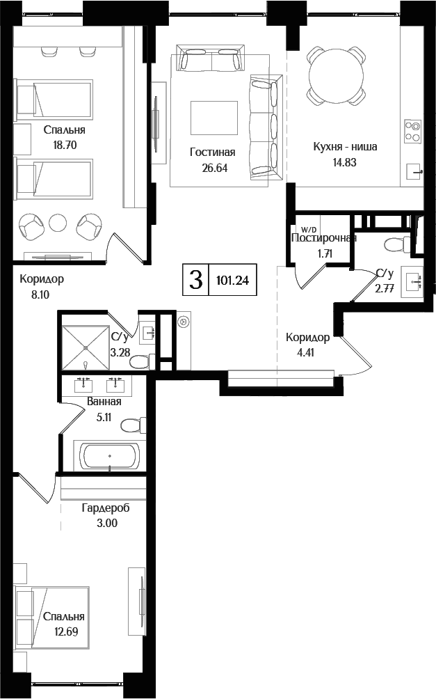 3-комн., 101.24 м², 6/6 этаж, ЖК «Преображенская площадь»