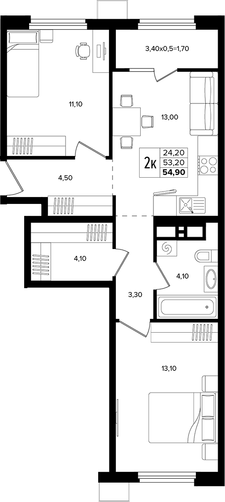 3-комн., 53.2 м², 11/12 этаж, ЖК «Лермонтов Парк»