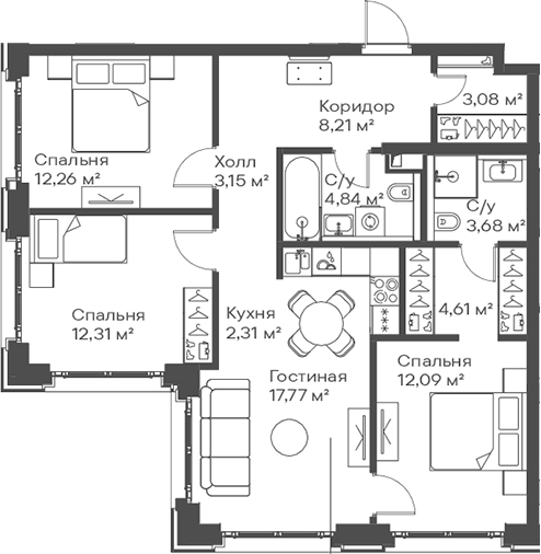 4+ комнаты, 84.31 м², 10/15 этаж, ЖК «Сити Бэй»
