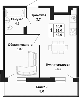 2-комн. квартира, 36 м² в ЖК Южные Соседи — фото 2
