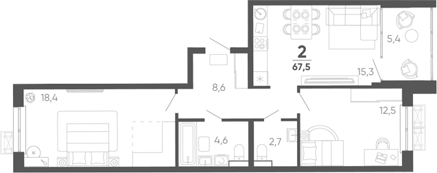 2-комн. квартира, 62.1 м² в ЖК Барса — фото 2