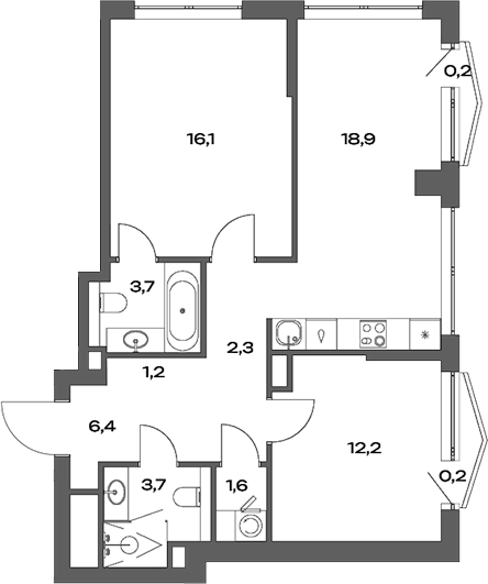 3-комн., 66.9 м², 3/30 этаж, ЖК «Акценты»