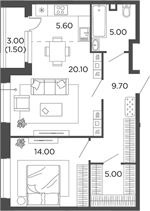 2-комн., 59.4 м², 2/22 этаж, ЖК «Филатов Луг»