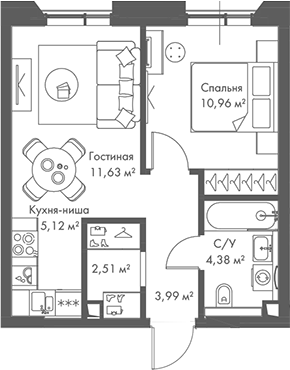 2-комн., 38.59 м², 4/22 этаж, ЖК «МИРА»