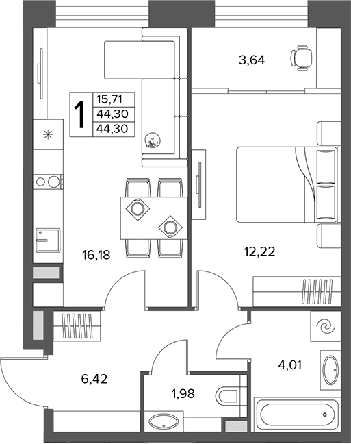 2-комн., 44.3 м², 2/16 этаж, ЖК «Городской бор»