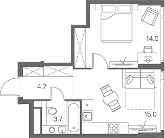 2-комн., 37.4 м², 34/43 этаж, ЖК «ЛОТ от Аквилон»