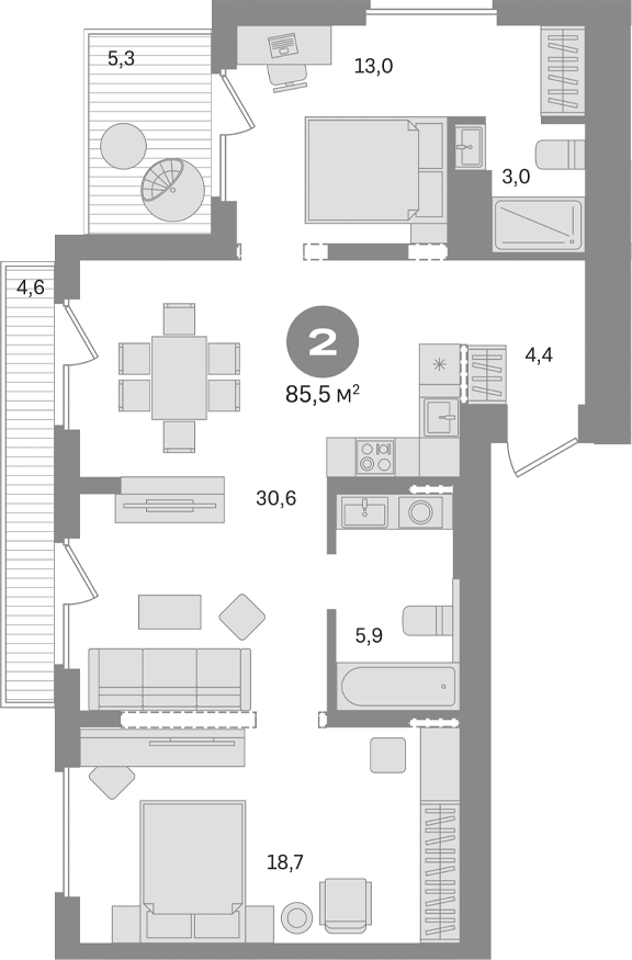 2-комн., 75.6 м², 16/17 этаж, ЖК «Первый квартал. Вторая очередь»