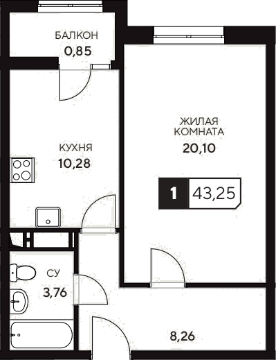 1-комн. квартира, 42.4 м² в ЖК Центральный. Гамма — фото 2