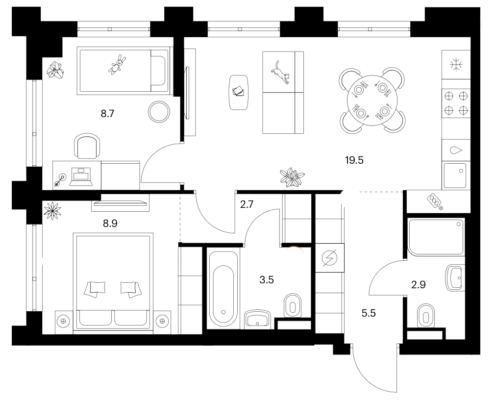 2-комн., 51.7 м², 2/13 этаж, ЖК «Зеленый парк»