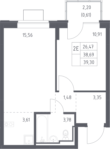 2-комн., 38.69 м², 10/12 этаж, ЖК «Богдановский лес»