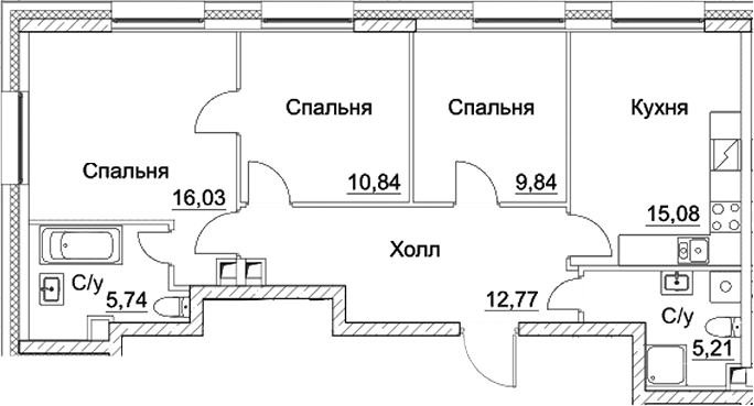 3-комн., 75.51 м², 28/28 этаж, ЖК «СЕЗАР СИТИ»