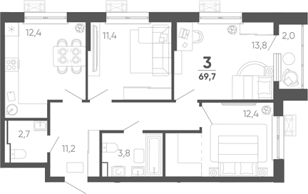 3-комн. квартира, 67.7 м² в ЖК Барса — фото 2
