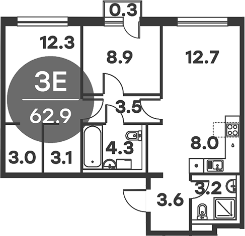 3-комн., 62.6 м², 3/6 этаж, ЖК «Равновесие»